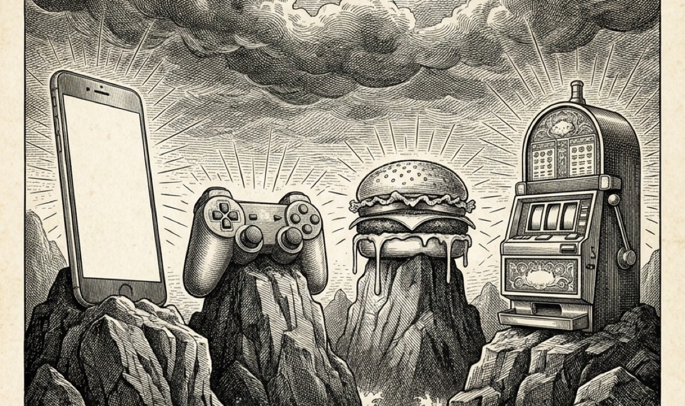 Grabado a plumilla: sobre las rocas de las sirenas, un mando de consola, una hamburguesa y una tragaperras irradiando como idolos.