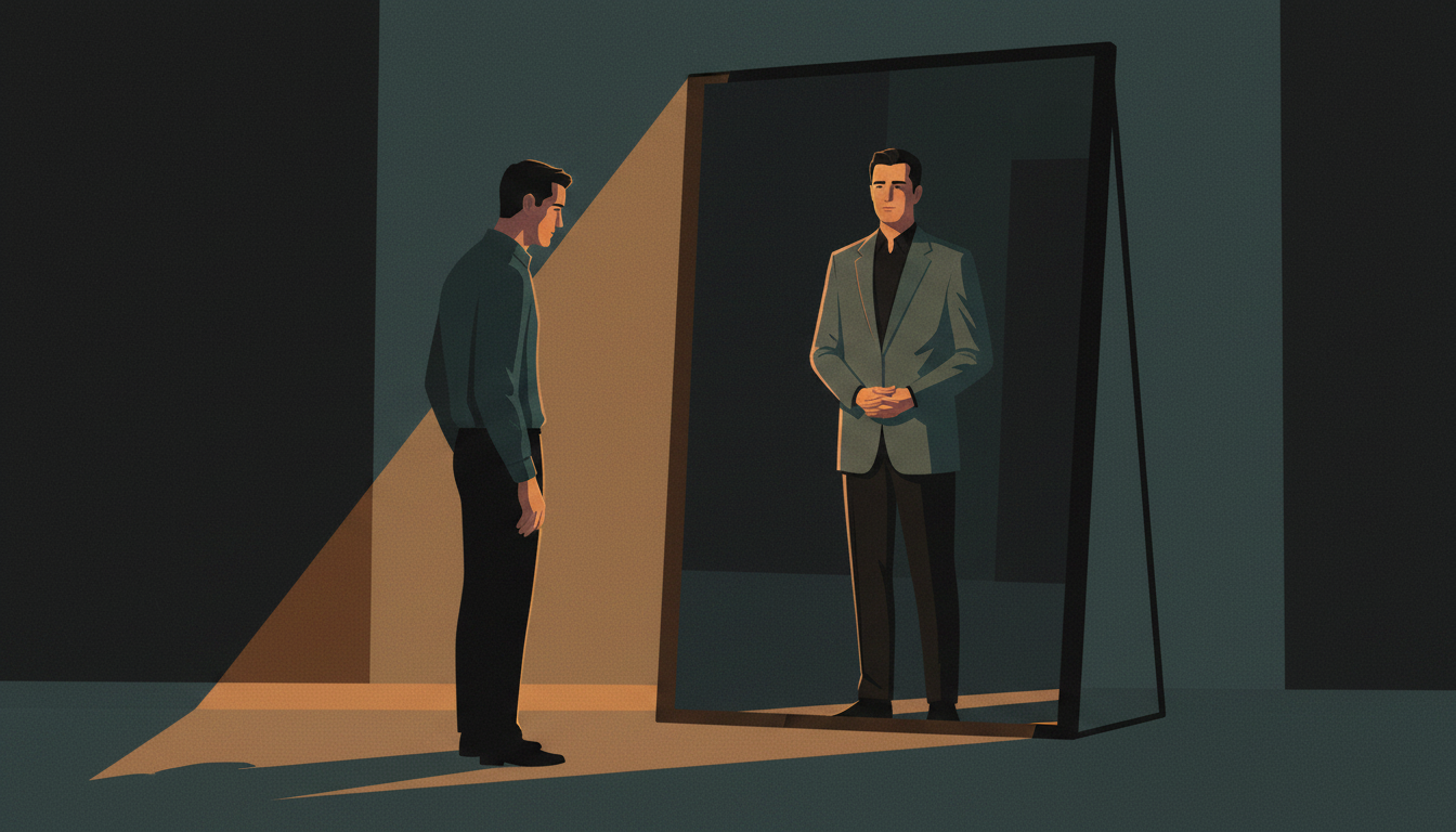 Un hombre se mira en un espejo y el reflejo le devuelve una version mejor de si mismo.
