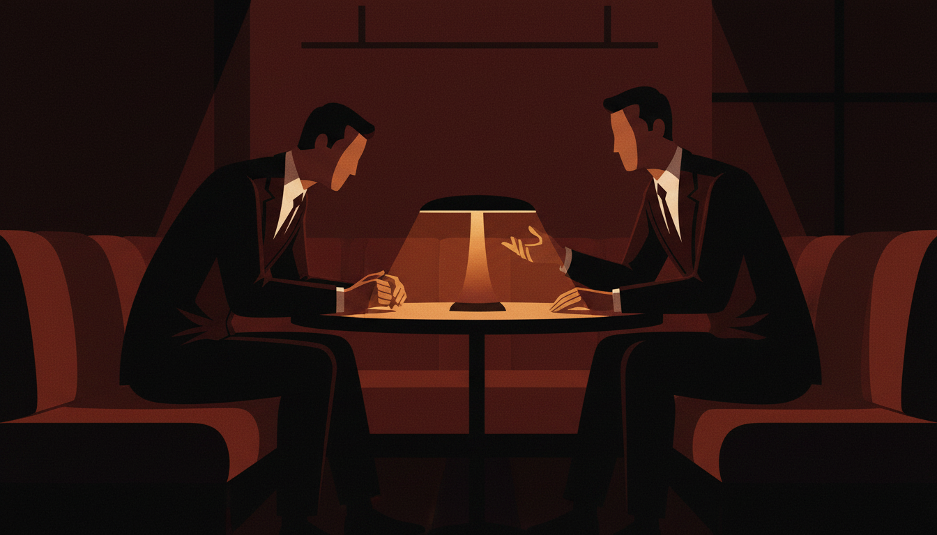 Dos hombres negocian en una mesa iluminada por una lampara, el resto en penumbra.